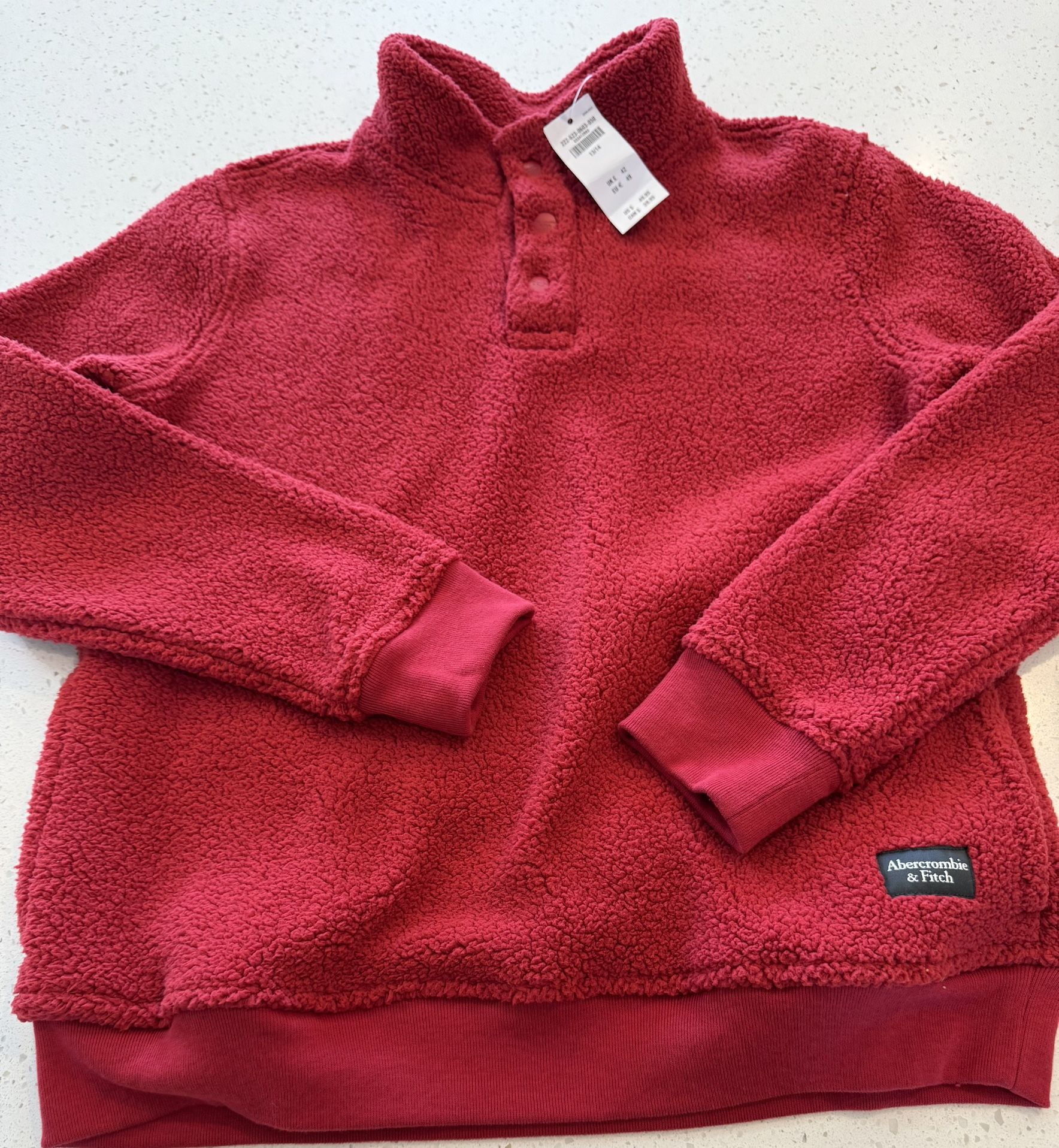  New Abercrombie Kids Boys Red Pull On Sweatshirt Size 13/14 Sherpa 1/4 Button Boys Girls Winter Fall Long Sleeve XL
