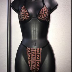 Brown And Black FF string Bikini Bathing is it Swimwear Set 