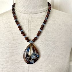 Glass Pendant Blue And Brown Beaded Pendant Necklace 