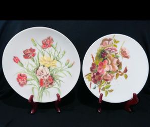 Antique 1900’s Floral Painting on Hand Blown Milk Glass Plates Set of 2