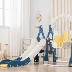 Kinsuite Kids Slide and Swing Set- 2- in- Indoor Outdoor Playset for Toddlers 1-5Years, Basketball Hoop & Non-slip Design, Blue