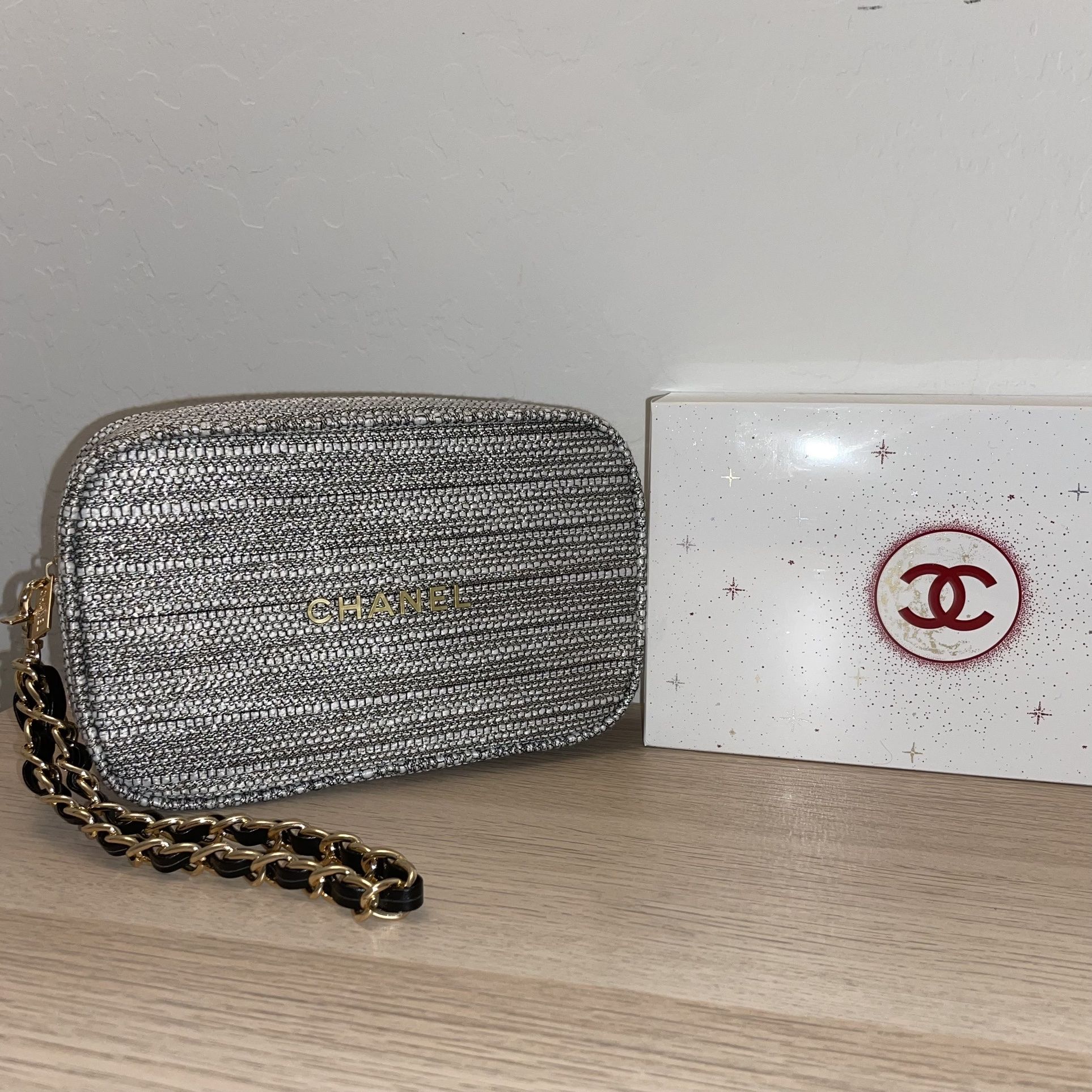 CHANEL, Bags, Chanelbeaute Black With Gold Glitter Cross Body Or Makeup  Bag New In Box