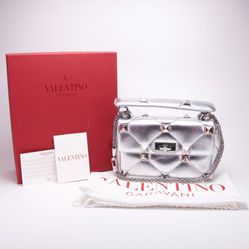 Valentino Garavani Roman Stud Silver Metallic Leather Shoulder Bag