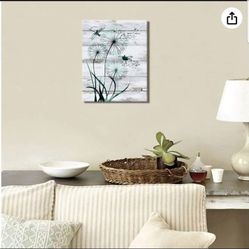 Visual Art Decor Teal Dragonfly with Dandelions Rustic Canvas Wall Art Farmhouse Living Room Bedroom Kitchen Wall Decor, Framed Ready to Hang, 16inx20