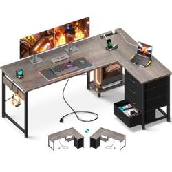 AODK L Shaped Desk with 4 Tier Drawers, 53" Reversible Gaming Desk with Power Outlets, L Shaped Computer Desk with USB Charging Port and Host Stand, H
