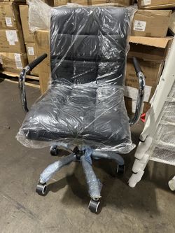 Black Vanity Desk Chair with Wheels, Tufted PU Leather Armchair Padded Foam Seat Sturdy Chrome Base