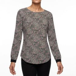 Ann Taylor Mod Office Blouse XS - Black Pink Spotted Print Gold Button Cuff