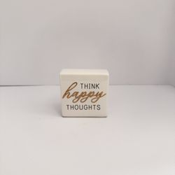 Think Happy Thoughts” Ceramic Decorative Block – Inspirational Tabletop Sign, White & Gold