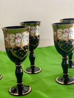 Vintage Bohemian Czech Glass Cobalt Black Gold Enamel Footed Whine Glass