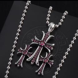 Chrome Hearts Style, 3 Crosses on 24” Ball Chain Necklace; retro silver, black stone, red rose stone