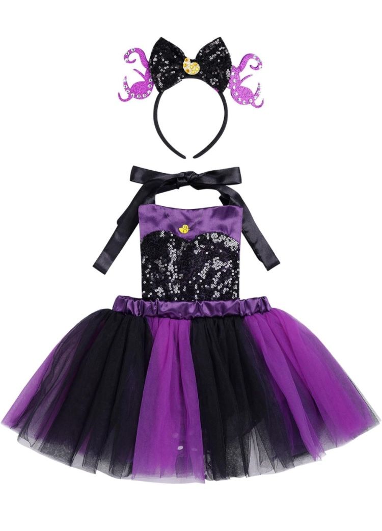 Black Purple Shiny Sequin Tulle Tutu Romper Dress w/Horn Headband (0-6 mo) *NEW*