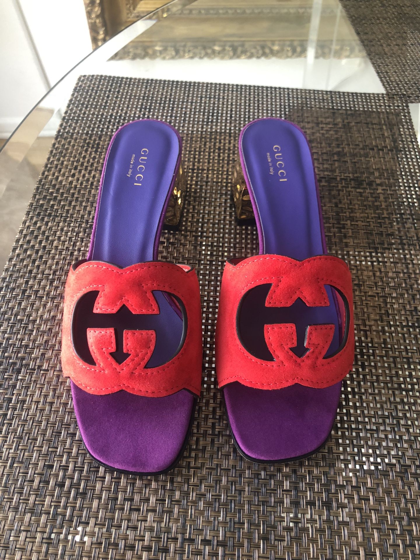 Gucci Red Purple Gold Suede Mule Heels Size 38