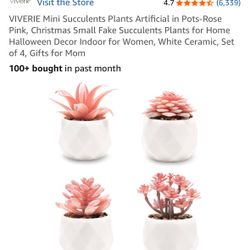 New Mini Succulents Plants Artificial in Pots-Rose Pink, Christmas Small Fake Succulents Plants White Ceram