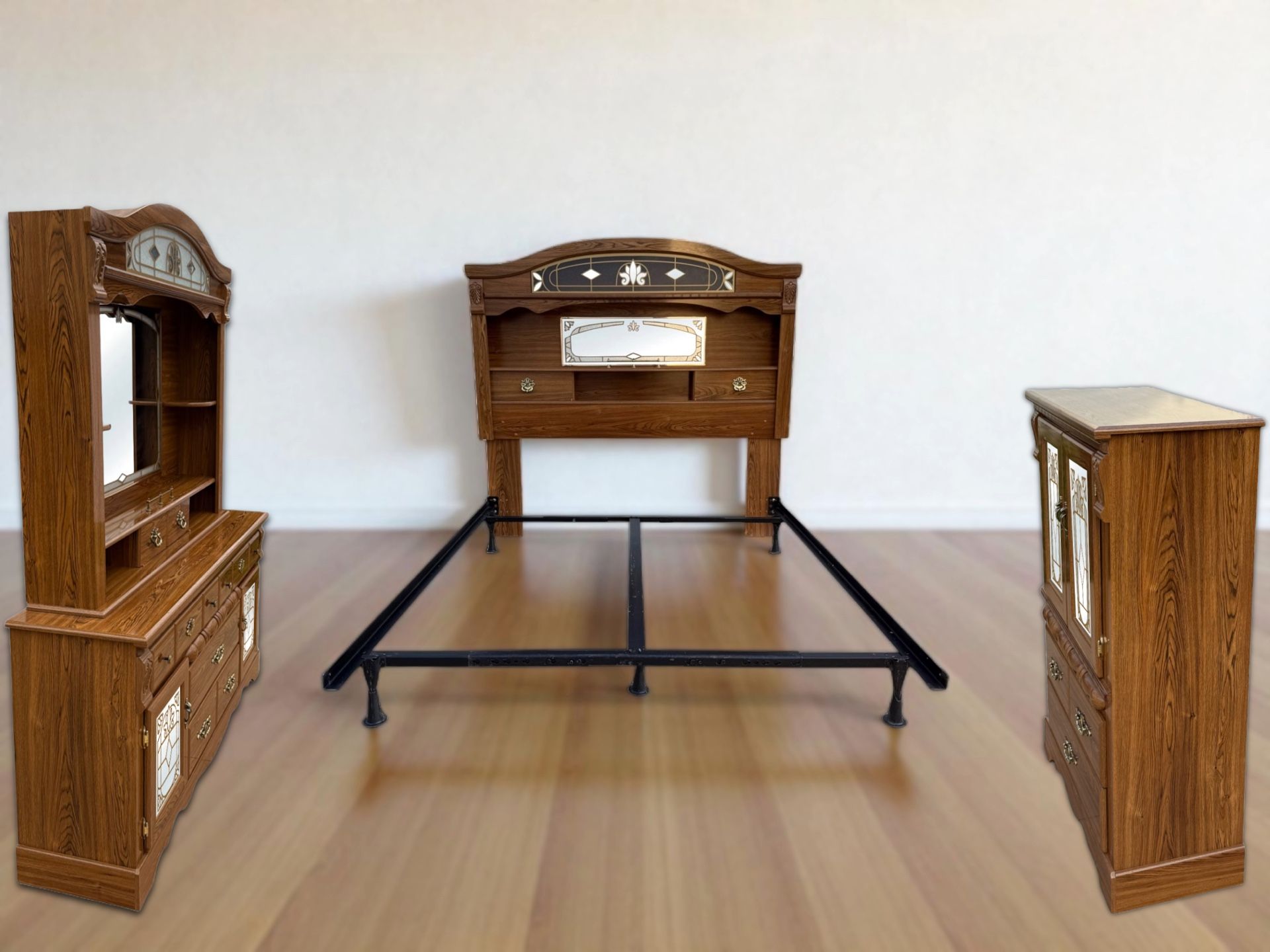 Country Oak 5-Piece Bedroom Set with Frosted Glass & Gold Inlay