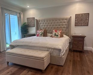 Restoration Hardware King Bed – Upholstered Wingback Bed Frame + Storage Bench