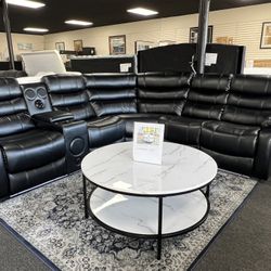 New Black Leather Manual Recliner Sectional With LED Light & Bluetooth Speakers. Delivery & Set Up Available 