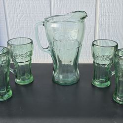 Coca-Cola LIBBEY vintage Glass Pitcher and Mug SET GEORGIA GREEN