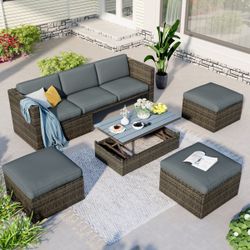 5-pc Outdoor Rattan Sectional Sofa w/ Adjustable Backrest / Ottomans / Lift-top Table (Gray) [NEW IN BOX] **Retails for $800 <Assembly Required>