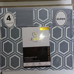 NEW 6 piece QUEEN size sheet set gray and white geometric pattern $20 FIRM