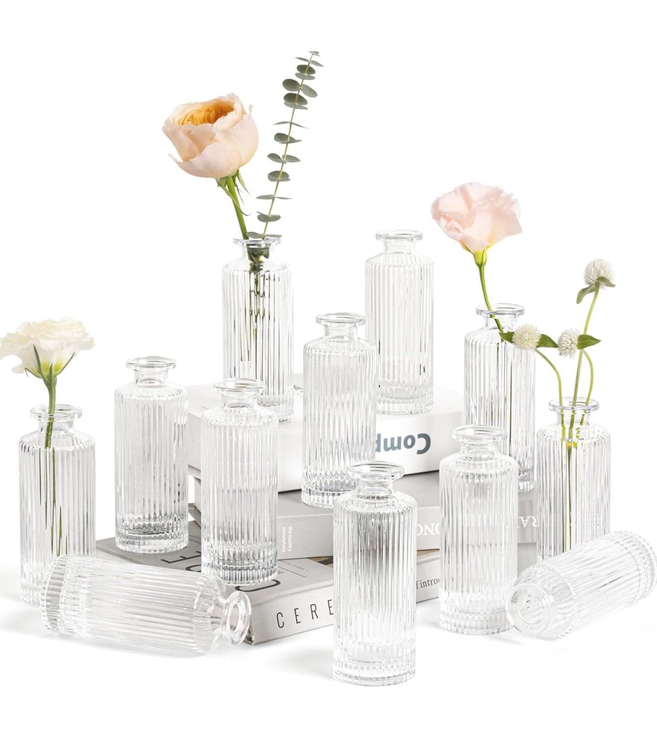 ComSaf Glass Bud Vases Set of 12, Small Bud Vase in Bulk, Mini Flower Vase for Centerpiece, Vintage Decorative Vase Set for Flowers (Clear)