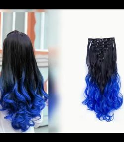 Brand New 8 Pcs Clip In Hair Extension 22 Inches Synthetic Long Wavy Heat Resistant Hair Pieces - Blue