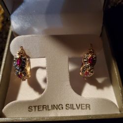 ❤💖I0k YELLOW GOLD OVER STERLING SILVER RUBY/ DIAMOND EARRINGS 💖❤