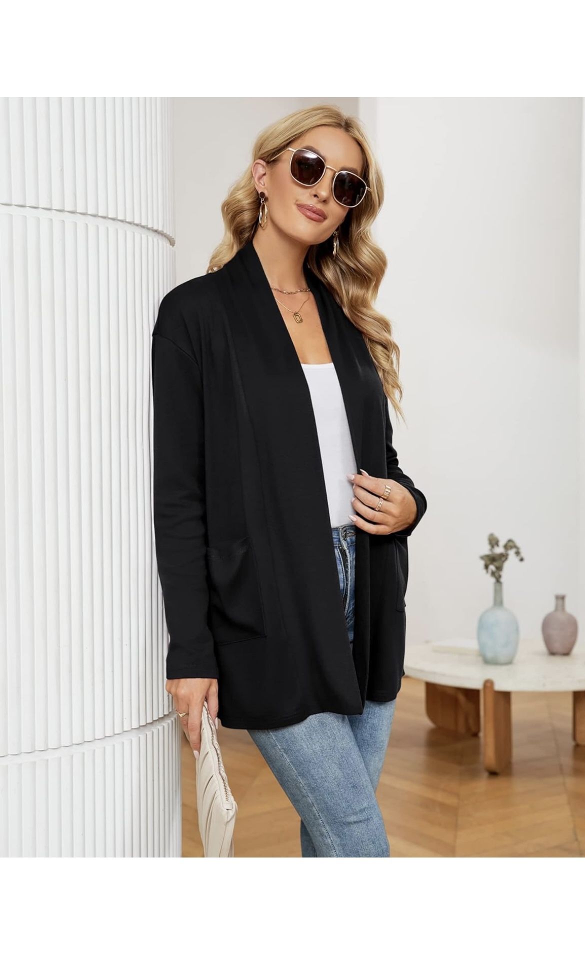 Micoson Women's Long Sleeve Open Front Cardigan Casual Loose Fit Lightweight Sweater Cardigans with Pockets (XXL) Black