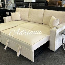Stylish 2-Pc Ivory Corduroy Sectional Sofa W/Pullout Bed, Storage,  And USB Port 