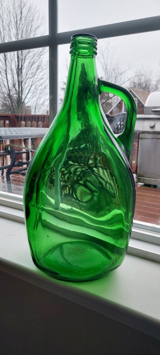 Large Vintage Green Glass Jug With Handle 13"