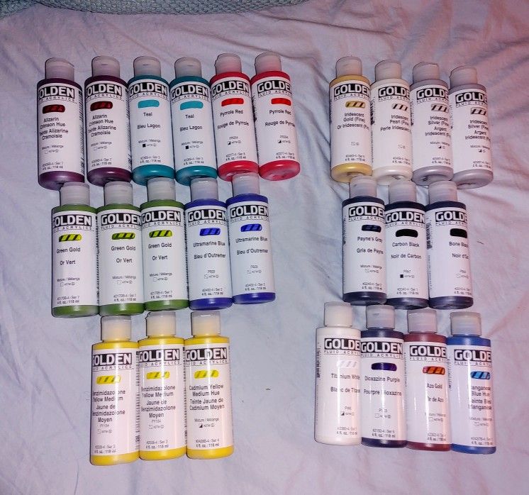 GOLDEN FLUID ACRYLICS
4OZ BOTTLES, 30 IN TOTAL, MISC COLORS.
ALL BRAND NEW!!