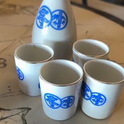 White Ceramic Sake Set with Blue Design 4 Cups