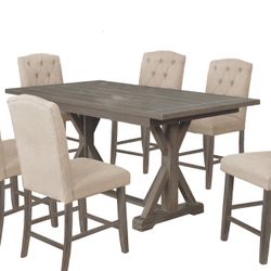 Rustic Counter Height Dining Table Set - Table With 6 Beige Tufted Chairs