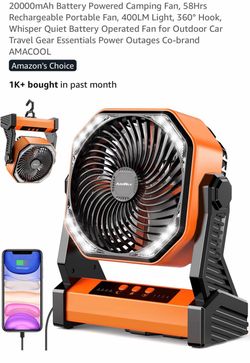 Camping Fan, 58Hrs Rechargeable Portable Fan, 400LM Light