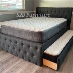 Full Twin Size Charcoal Trundle Bed With Orthopedic Mattress 