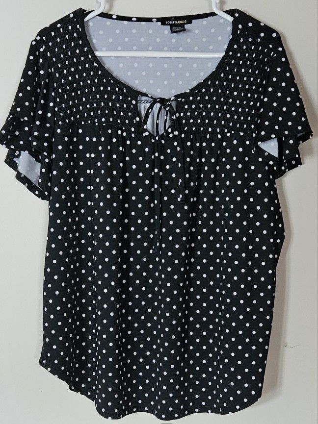 XL Robert Louis Black & White Polkadot Tie Front Blouse