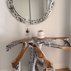 Driftwood Console Table + Designer Mirror Set for Sale 