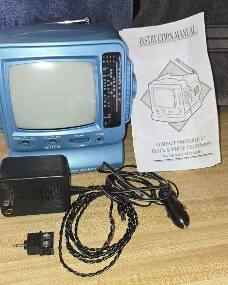 Compact Portable 5" Black and White Television with Am/Fm Radio