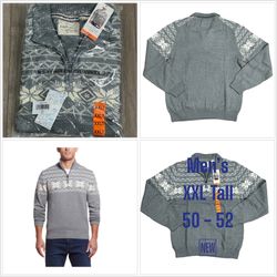 Men’s Weatherproof XXLT XXL 2X 2XL Tall Quarter 1/4 Zip Sweater Gray White Holiday Snowflake