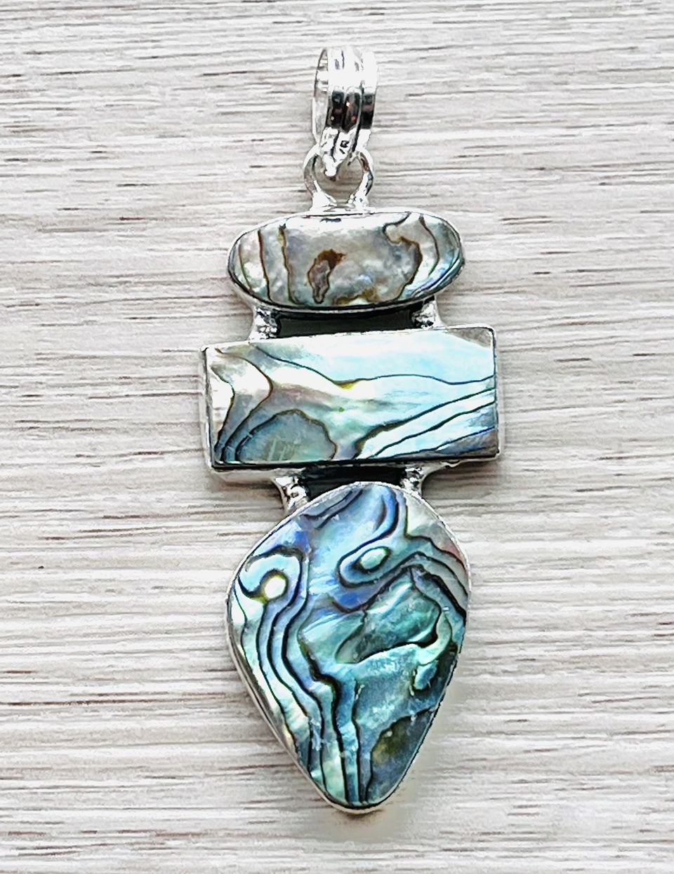 Triple Large Abalone Shell Sterling Silver 2.5” Necklace Pendant