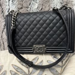 Authentic Chanel Boy Bag In Black Caviar Leather Interior Lining Chipped