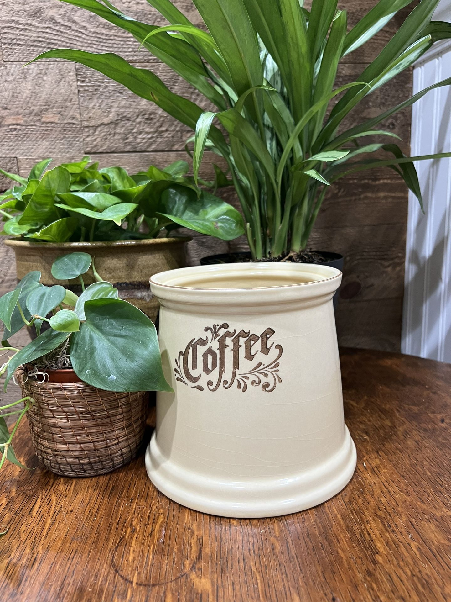Vintage Pfaltzgraff Ceramic Coffee Jar Container Cream Brown Boho Plant Pot Retro Kitchen Decor