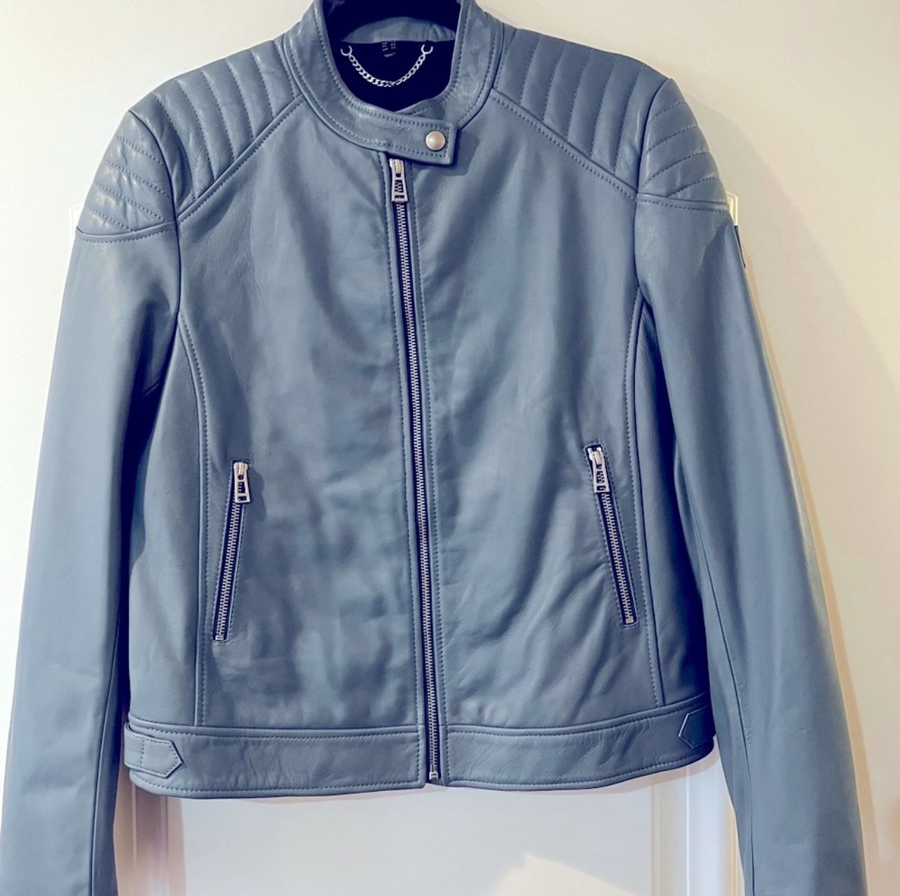 Belstaff Womens Blue Lamb Leather Jacket Size 12 Retail $950