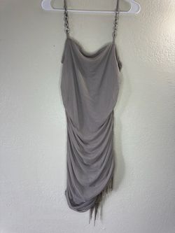 Gray mini glam dress with silver chain fringe detail, size L