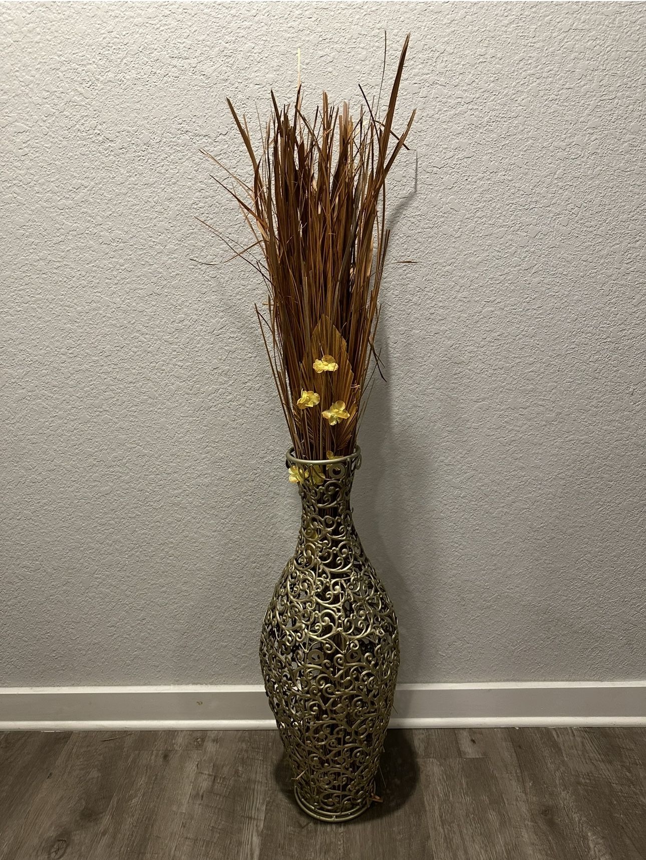 Decorative Tall Metal Floor Vase w/ Dried Floral Arrangement