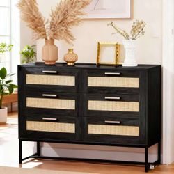 Rattan Dresser 6 Drawer Dresser for Bedroom Boho Dresser Mid Century Modern Dresser Natural Rattan Chest of Drawer Light Wood Dresser for Entryway,Bed