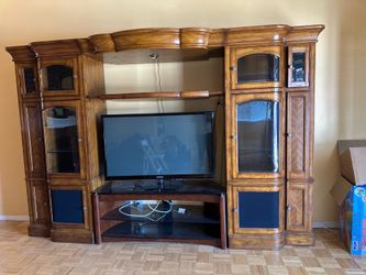 Solid Wood Entertainment Center with Glass Display Cabinets – $250 OBO