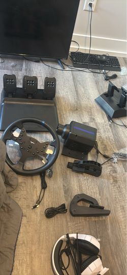 Racing Sim Wheel, Pedals, and Accessories Set