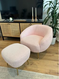 Soft pink polyester material accent chair and matching ottoman. Barely used and in great condition.
