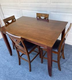 5-PC BROWN FINISH HIGH TOP DINING SET (DINING TABLE AND AND 4 PADDED CHAIRS)