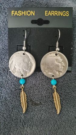 1 pair Buffalo nickel earrings with real turquoise and "antique brass" feathers